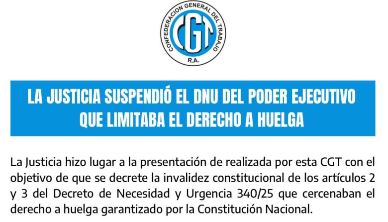 La justicia suspendió provisoriamente el DNU que limitaba el derecho a huelga