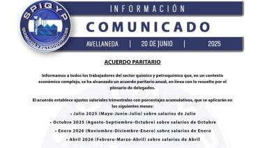 Químicos y Petroquímicos acordaron suba salarial anual, con ajustes trimestrales, según los índices de inflación